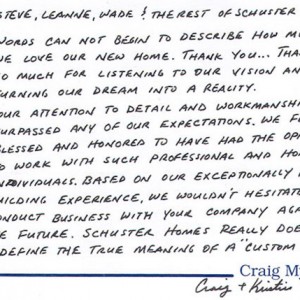 Craig and Kristine thank you letter discussing professionalism, workmanship and experience.