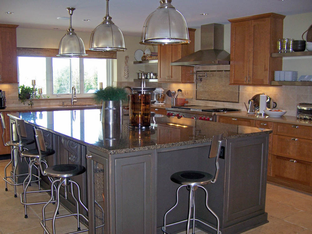 Deer Lake Renovation Kitchen with large work island and custom cabinetry.